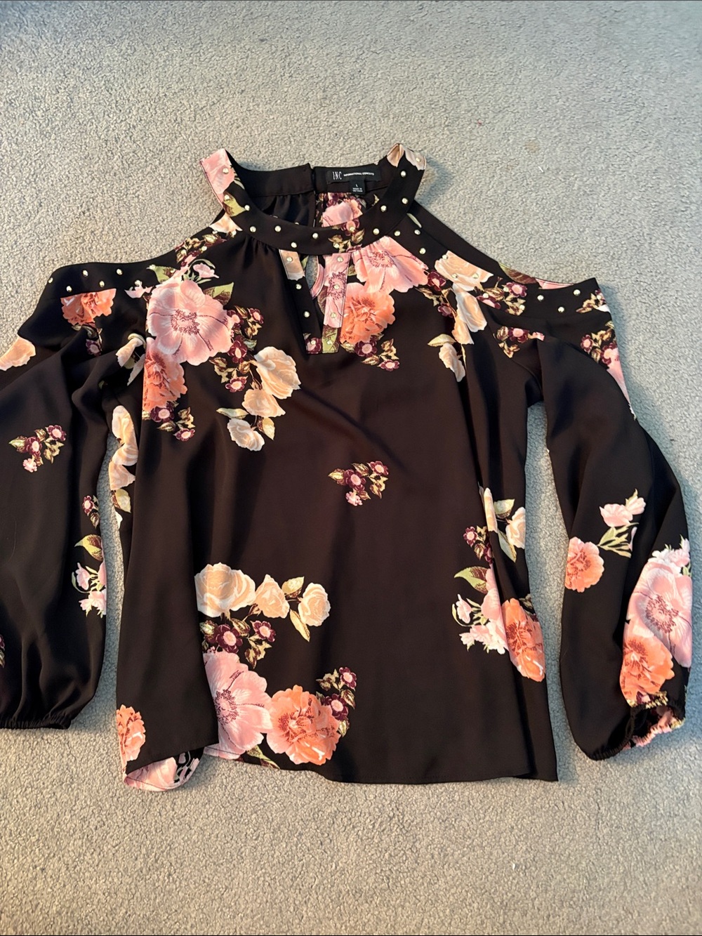 INC Floral Cold-Shoulder Blouse - Black with Pink & Peach Flowers